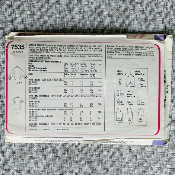 Vintage 70s SIMPLICITY Sewing Pattern 7535 Shirts in 4 Looks Sz 8-10 - Picture 2 of 2